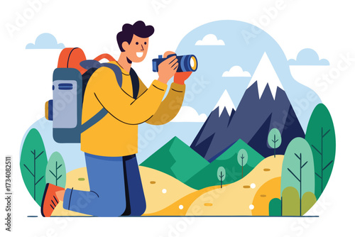 Enthusiastic photographer with camera and backpack in the mountains, capturing the beauty of nature and the scenic landscape