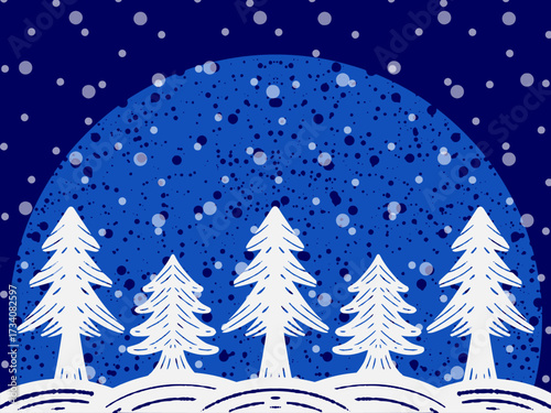 クリスマスのカード　雪の降る満月の聖夜イラスト　冬の夜のデザイン