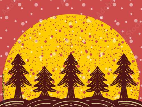 クリスマスのカード　雪の降る満月の聖夜イラスト　温かなクリスマスカラー