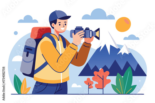 Happy photographer with camera and backpack in the mountains, capturing the beauty of nature and scenic landscape view