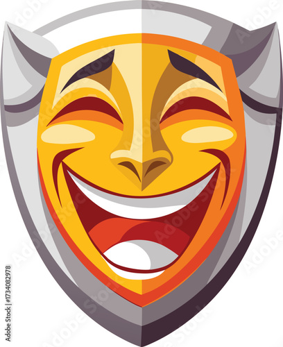 Yellow laughing comedy mask with grey shield icon isolated on white transparent background vector eps png jpg business people clipping path cutout 2025 2026 4k full hd poster banner label download