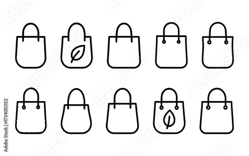 Set of ten black line icons including reusable shopping bags, eco tote bags, mesh net bag, and handbags.