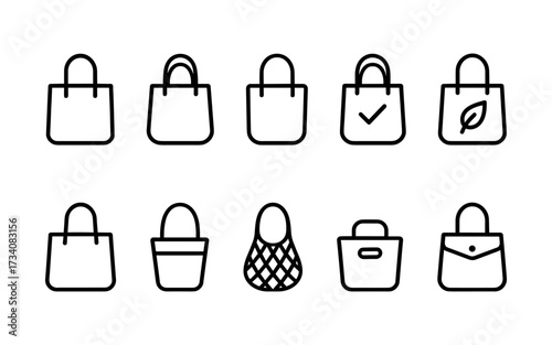 Set of ten black line icons including reusable shopping bags, eco tote bags, mesh net bag, and handbags.