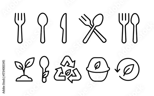Set of ten black line icons showing eco-friendly and sustainable tableware, including spoons, forks, knives, chopsticks, a bowl, and a straw.