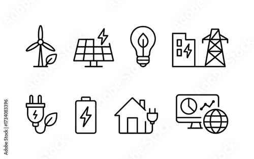 Set of ten black line icons showing renewable energy and eco power concepts including eco lightbulb, solar panel, power grid tower, battery, electric meter, green home, recycle symbol with leaf, eco p