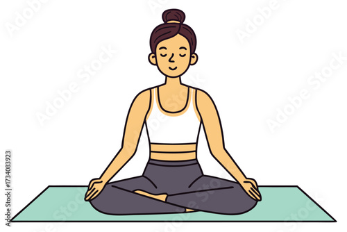 A woman is meditating in a lotus position on a yoga mat isolated on white background she is practicing mindfulness