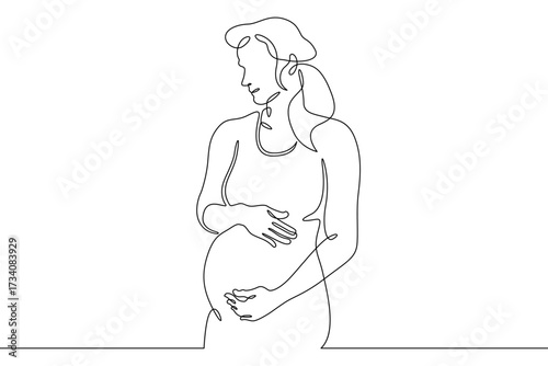 Continuous one line drawing Beautiful pregnant woman. Woman with belly. Pregnancy. Line art.One continuous line isolated illustration.Not AI.