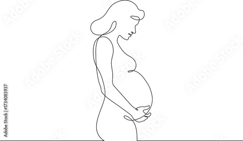 Continuous one line drawing Beautiful pregnant woman. Woman with belly. Pregnancy. Line art.One continuous line isolated illustration.Not AI.