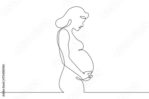 Continuous one line drawing Beautiful pregnant woman. Woman with belly. Pregnancy. Line art.One continuous line isolated illustration.Not AI.