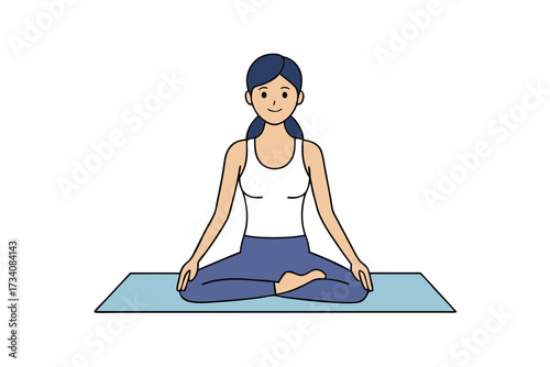 A woman is meditating in a lotus position on a yoga mat isolated on white background she is practicing mindfulness