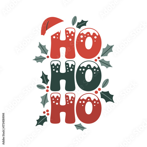 Festive ho ho ho typography with santa hat and holly christmas t shirt design