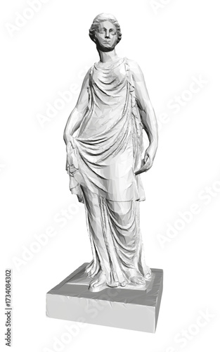 Polygonal sculpture of a woman in a white dress, rendered as a realistic low poly 3D model on a clean white background.