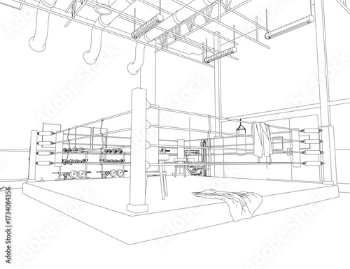 A black and white contour drawing of a boxing ring features training equipment and clothes hanging from the ceiling.