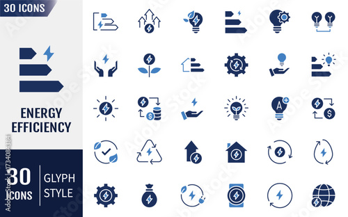Energy Efficiency Flat Icons set. Containing icons :  energy saving, light bulb, sustainability, electricity, and more. Vector illustration