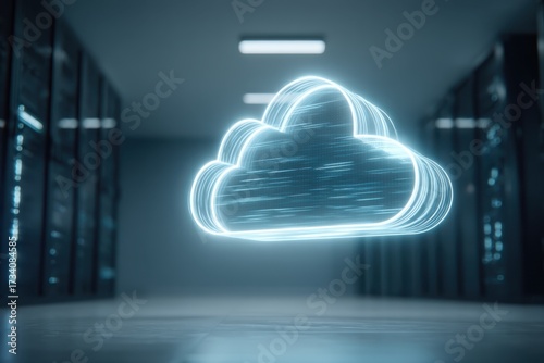 A glowing digital cloud icon floats in a modern server room, symbolizing cloud computing and data storage technology