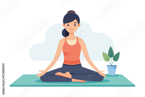 Woman in lotus position practicing yoga for relaxation and wellness, promoting mindfulness and inner peace, surrounded by plants and serenity