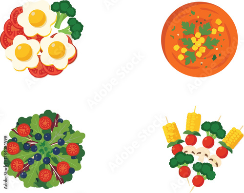 Healthy food cartoon illustration with eggs, soup, salad, and skewers in colorful style isolated on white background for nutrition concept