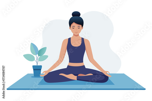 A woman is practicing yoga in the lotus position on a mat isolated on white background she is meditating and relaxing at home