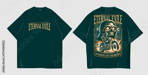 Eternal Exile Underworld Rider T-Shirt Design — Gothic Grim Reaper on Motorcycle with Flames and Skull Illustration for Dark Streetwear, Biker Apparel, and Merchandise