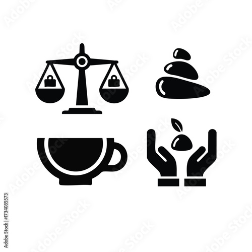 Balanced scales, stacked stones, teacup, and hands holding a fruit representing harmony, relaxation, and well-being in a tranquil setting