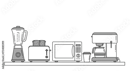 Illustration of kitchen appliances including blender toaster microwave and coffee maker for home cooking needs