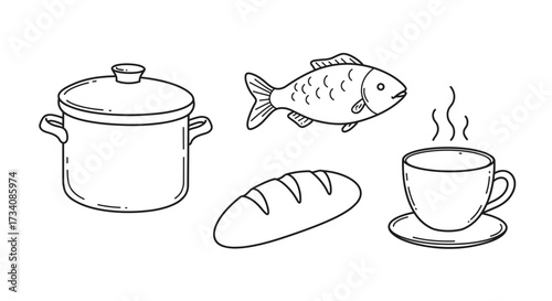 Stockpot fish bread coffee vector illustration for food recipe cooking design and menu template art