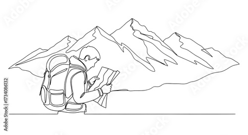 Hiker checking map single line drawing backpack mountains travel adventure