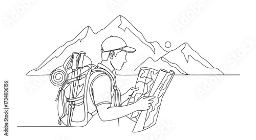 Hiker checking map single line drawing backpack mountains travel adventure