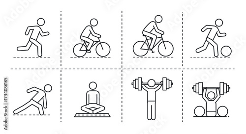 Fitness workout exercise activities running cycling yoga weightlifting training sport and healthy lifestyle icons