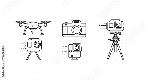 Photography equipment vector bundle including drone camera action camera and tripod for professional use