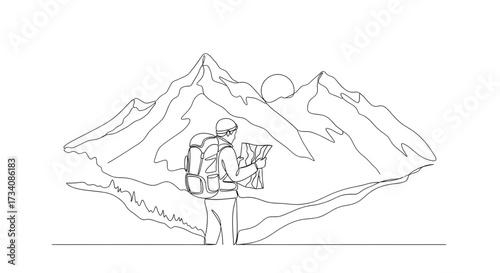 Hiker checking map single line drawing backpack mountains travel adventure