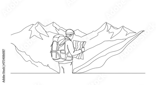 Hiker checking map single line drawing backpack mountains travel adventure