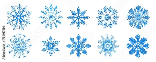 Nine intricate blue snowflake designs