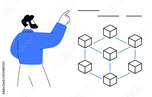 Man gestures at interconnected cubes symbolizing blockchain, nodes, or decentralized networks. Ideal for technology, innovation, blockchain, data security, networking digital system concept. Simple
