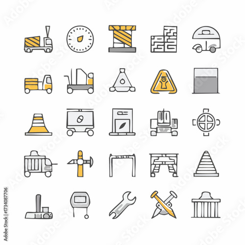 Transportation & Construction Icons Yellow, Gray, and White Vector Graphics