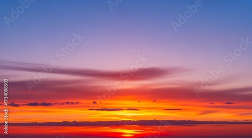 Vibrant Sunset Sky with Fiery Clouds and Horizon Glow.