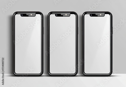 Three black smartphones with blank screens, arranged vertically against a light gray background.  