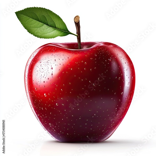 Close-up of a glossy, red apple with a green leaf