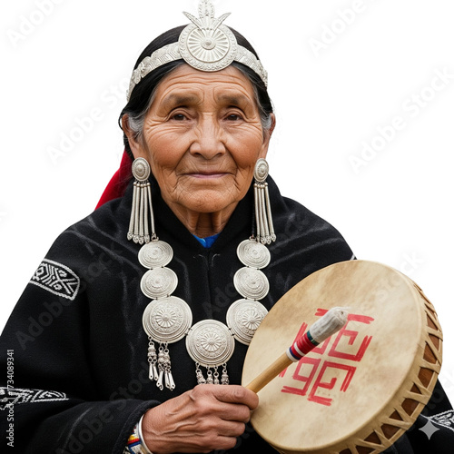 Chilean Mapuche elder woman, wearing silver jewelry and black poncho, holding ceremonial drum kultrun