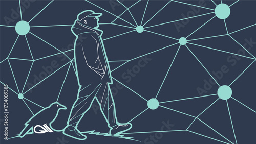 Vector illustration of man walking with bird against futuristic network connection background, modern digital technology communication concept