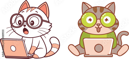 Two cute cartoon kittens wearing glasses and working on laptops expressing surprise and excitement with a playful and whimsical style