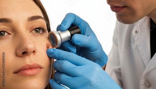 The dermatologist examines the mole