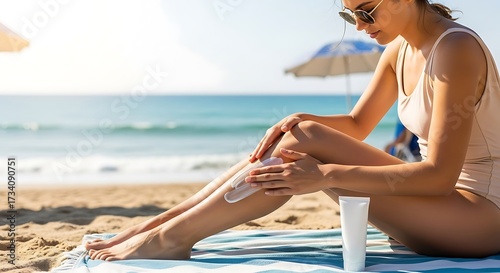 Woman applying sunscreen on her leg at the beach.