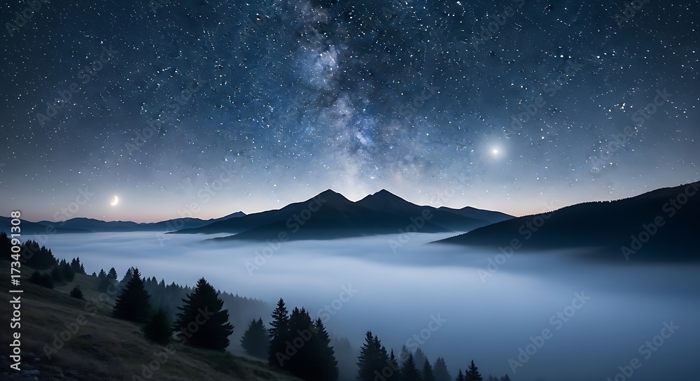 Fototapeta premium Stunning night sky over mountain range and fog.