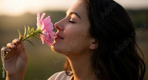 Woman enjoying the fragrance of a pink flower in nature.