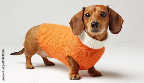 Dachshund dog in orange sweater