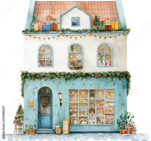 Festive watercolor christmas house illustration with cozy holiday decorations