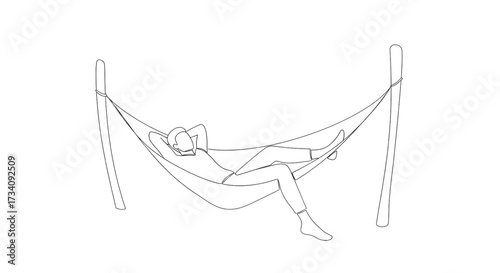 Minimalist line drawing of a person relaxing in a hammock on white background