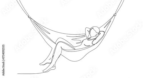 Minimalist line drawing of a person relaxing in a hammock on white background