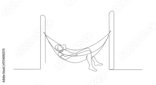 Minimalist line drawing of a person relaxing in a hammock on white background